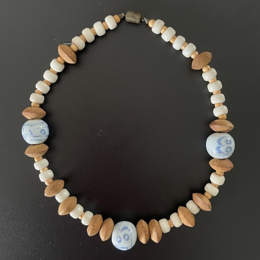 Vintage Handmade Chunky Wooden Beaded Choker Collar Painted Porcelain Necklace
